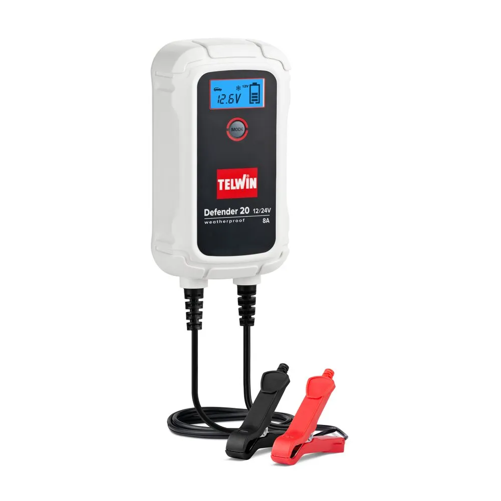 Thiết kế DEFENDER 20 treo gọn gàng, tích hợp màn hình LCD và cáp kẹp ắc quy tiện lợi