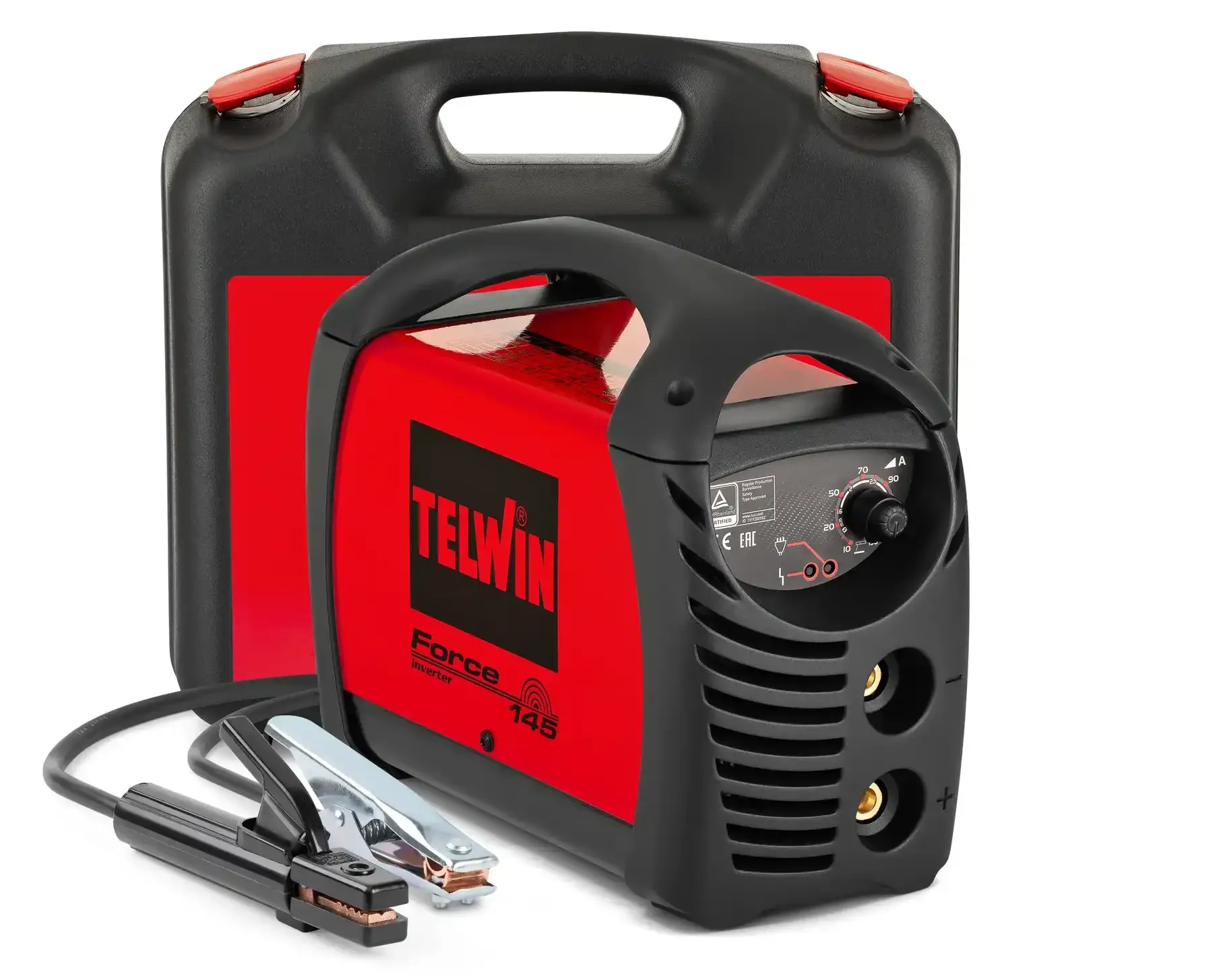FORCE 145 + CARRY CASE với máy hàn, bộ cáp MMA và vali nhựa đồng bộ, gọn nhẹ và dễ mang theo